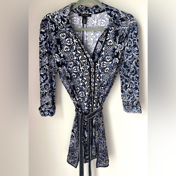 White House Black Market Paisley Tunic Top | Size S | Blue Black Long Sleeve - Picture 1 of 9